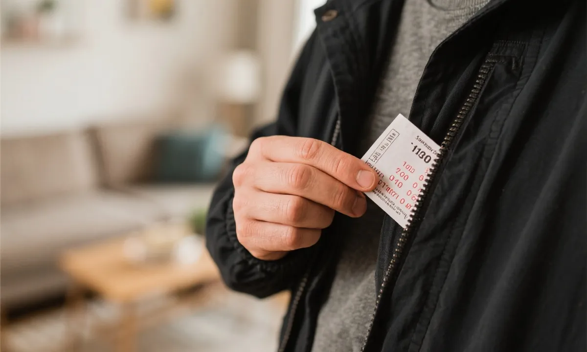 手从外套口袋取出彩票的特写，家庭客厅环境，真实抓拍